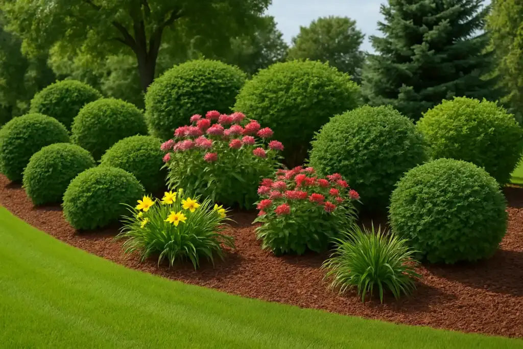 Pink flowers and shaped shrubs along a crisp lawn edge cared for by Jason Yard Scaping.