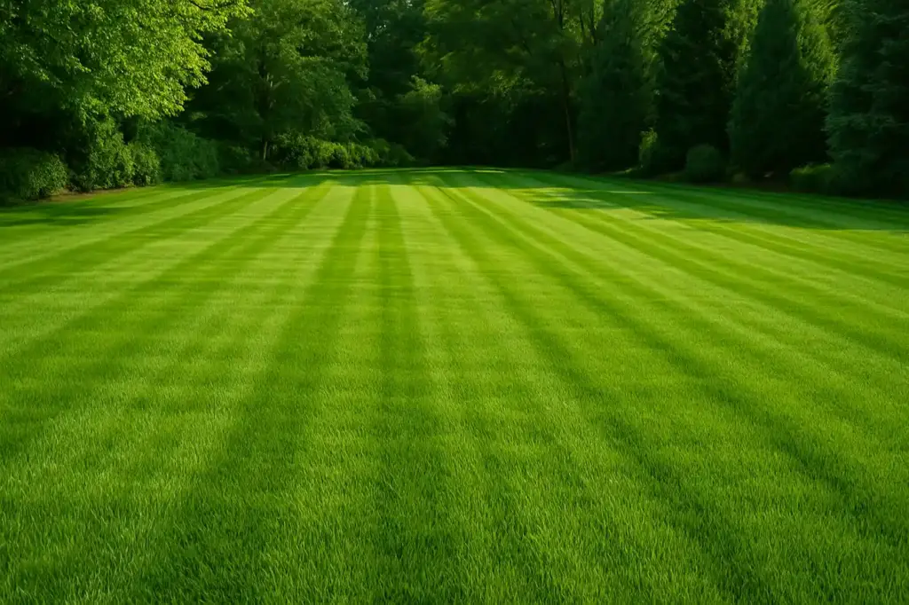Expansive lawn with bold mowing stripes stretching toward tree line in Greenville, SC.